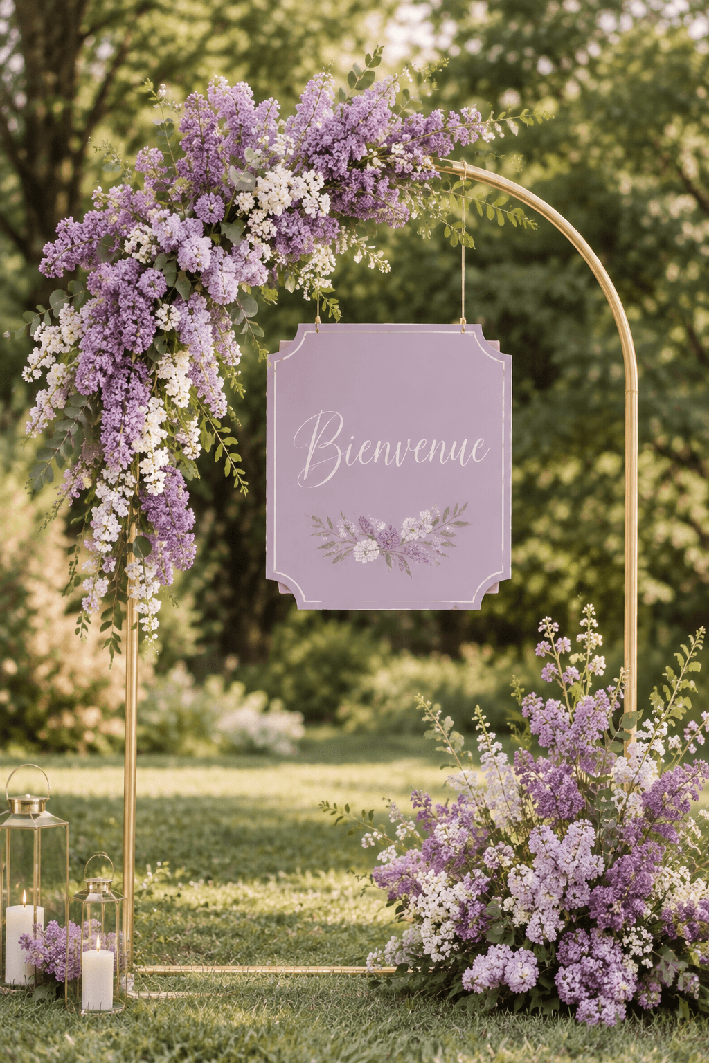 Arche arrondie couverte de glycines lilas et panneau de bienvenue
