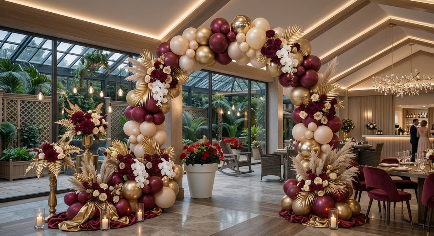 Arche de ballons bordeaux, or et ivoire ornée de roses et de pampas