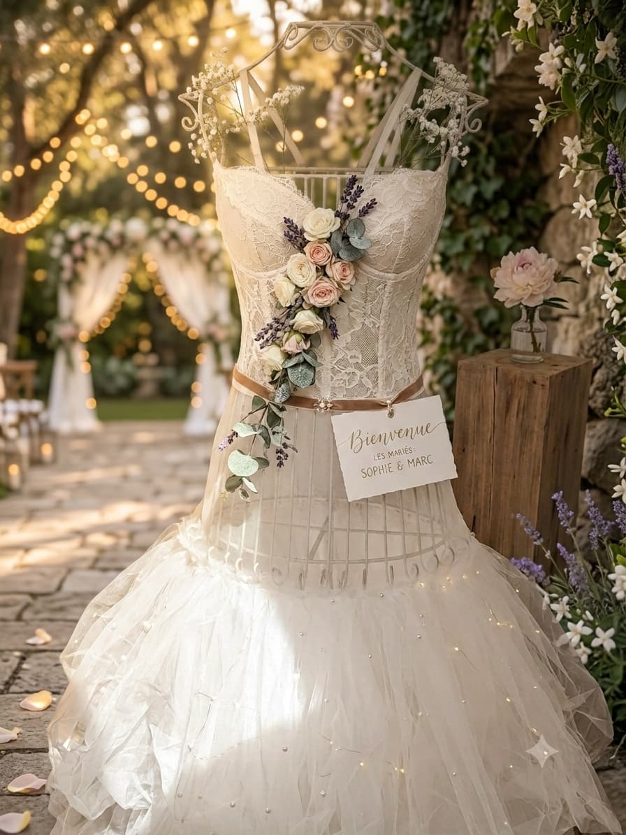 Mannequin en robe blanche orné d'une guirlande de fleurs