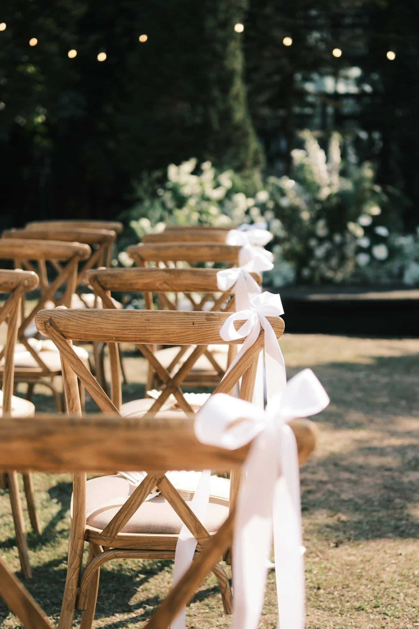 Rangée de chaises en bois dans l'herbe