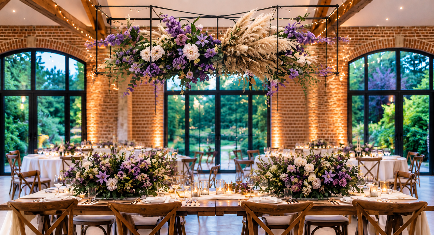Salle de réception décorée de compositions florales et de bougies