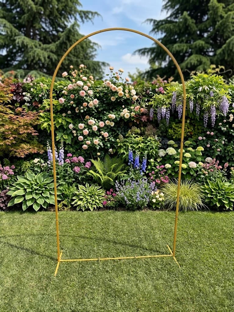 Arche arrondie dorée nue devant un massif fleuri