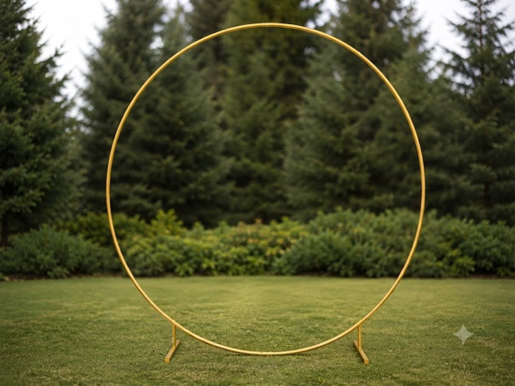 Arche ronde dorée nue posée sur une pelouse
